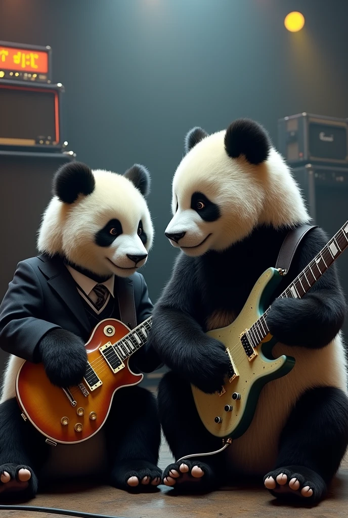 Help me with a picture of Angus and Malcom Young from the AC group/DC, but as if they were pandas.
