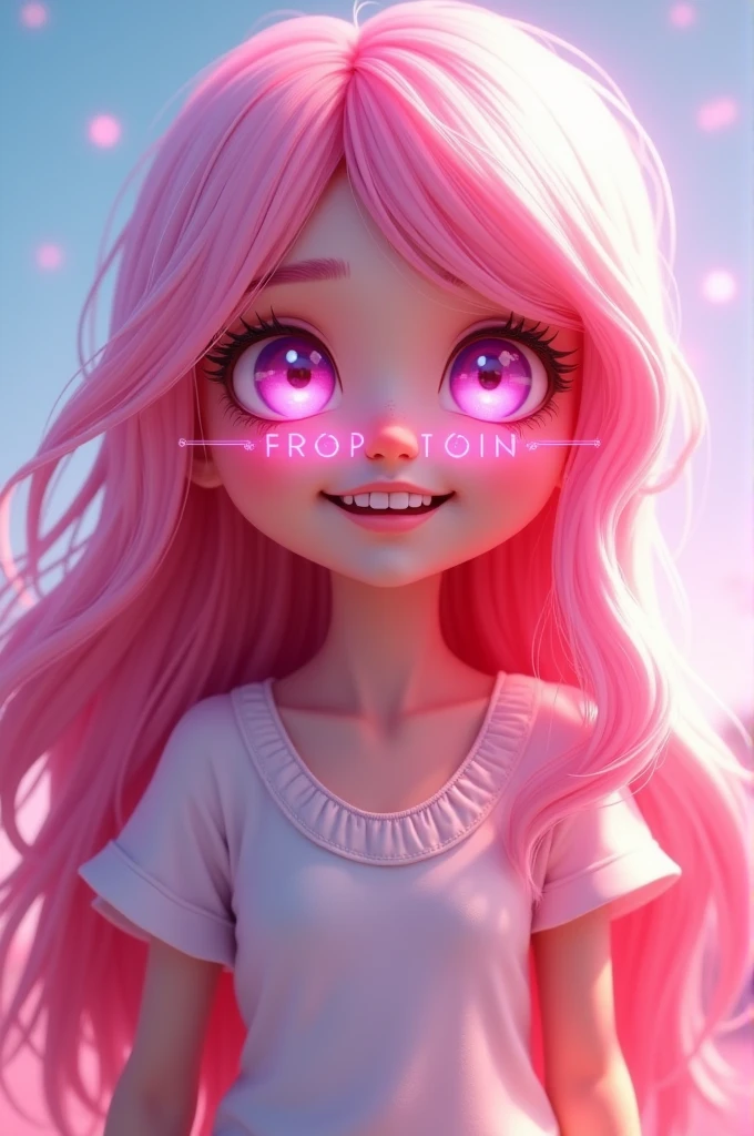 image of girl with long pink hair, White skin, animated pink eyes, happy, what does Roblox say