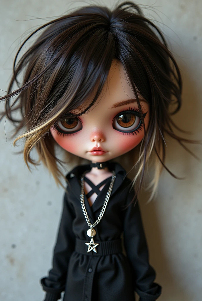 Make me a blythe doll, with messy layered hair, Dark brown with blonde highlights in front, Very dark brown eyes with black eyeshadow, eyeliner and highlighter, silver chains and alternative