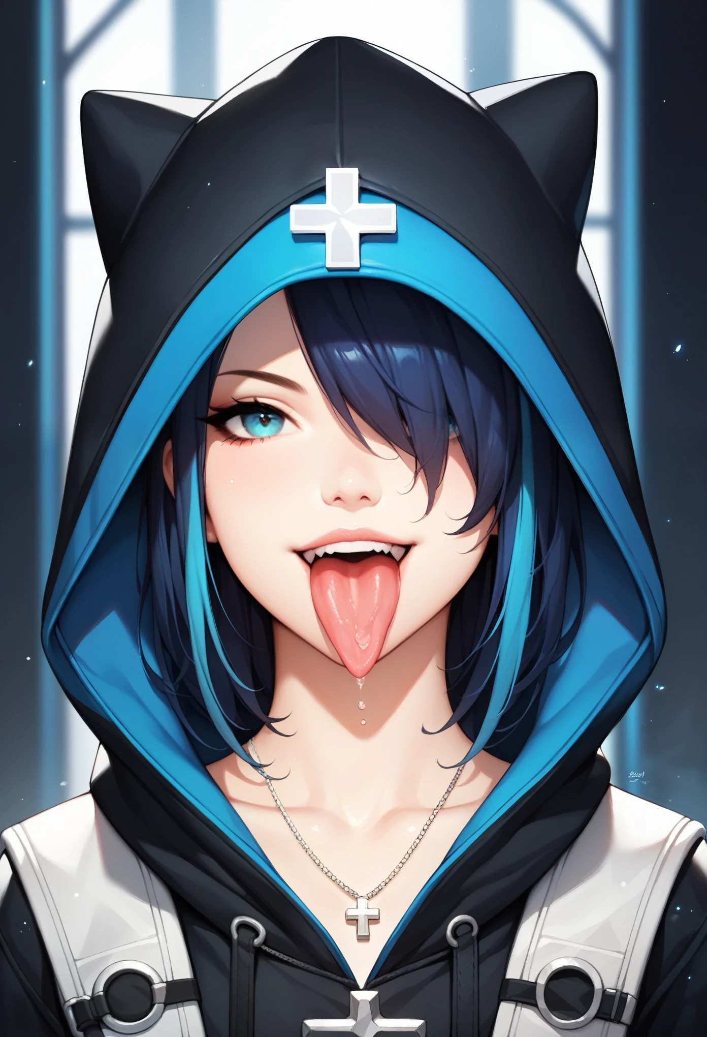 Close-up portrait of a young woman with a rebellious and defiant expression. His face is in the foreground, softly and dimly lit, highlighting her light skin. He wears a black hood that covers most of his head., leaving only his mouth and tongue visible. About the hood, A white cross stands out at the top, contrasting with the dark fabric. the woman has her mouth open, showing a wide, provocative smile while sticking her tongue out, creating a bold and defiant effect. The light is subtle, with soft shadows that add a dramatic touch to the face and hood. The style is hyperrealistic, capturing the details of the fabric texture, Shiny teeth and wet tongue,The hood covers his eyes and nose,only the mouth visible
