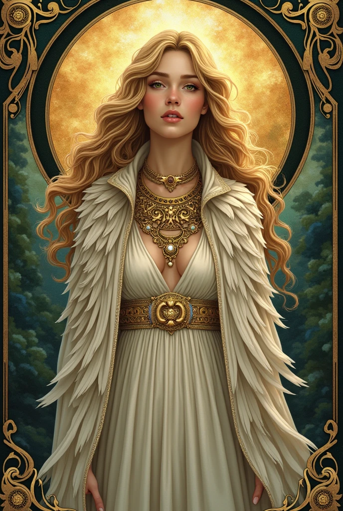 Illustration of the Norse goddess Freyja in her cloak of falcon feathers, wearing an elaborate Viking necklace of gold and jewels. Art Nouveau style.