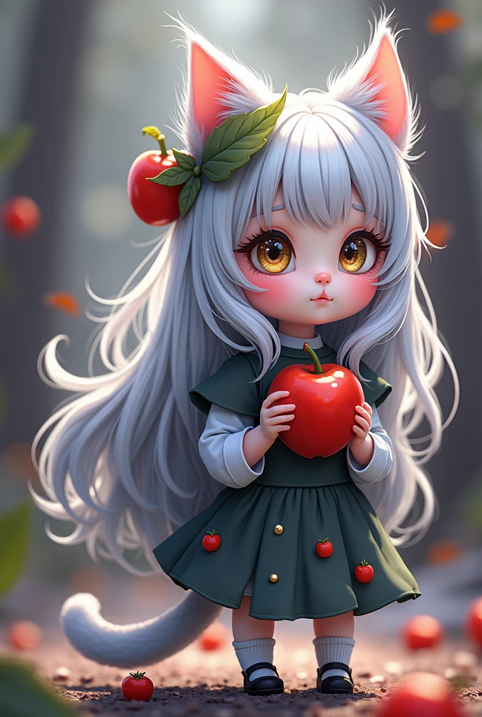 Super mini size、Eyes々Crisp、One eye is green and the other is brown、Long, curled eyelashes、Hair is silver、Cat ears、Wearing an apple costume
