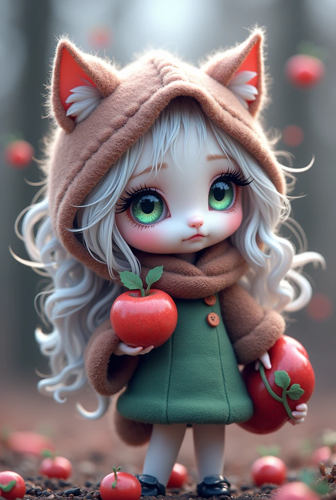 Super mini size、Eyes々Crisp、One eye is green and the other is brown、Long, curled eyelashes、Hair is silver、Cat ears、Wearing an apple costume
