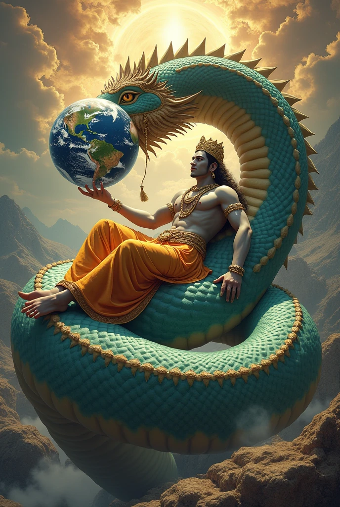 bahut bada bahut bada Sheshnaag uske upar Vishnu Bhagwan Baithe Hue Prithvi ko Prithvi ko Apne Ek ungali per lete Hue unke pass Lakshmi Mata aur