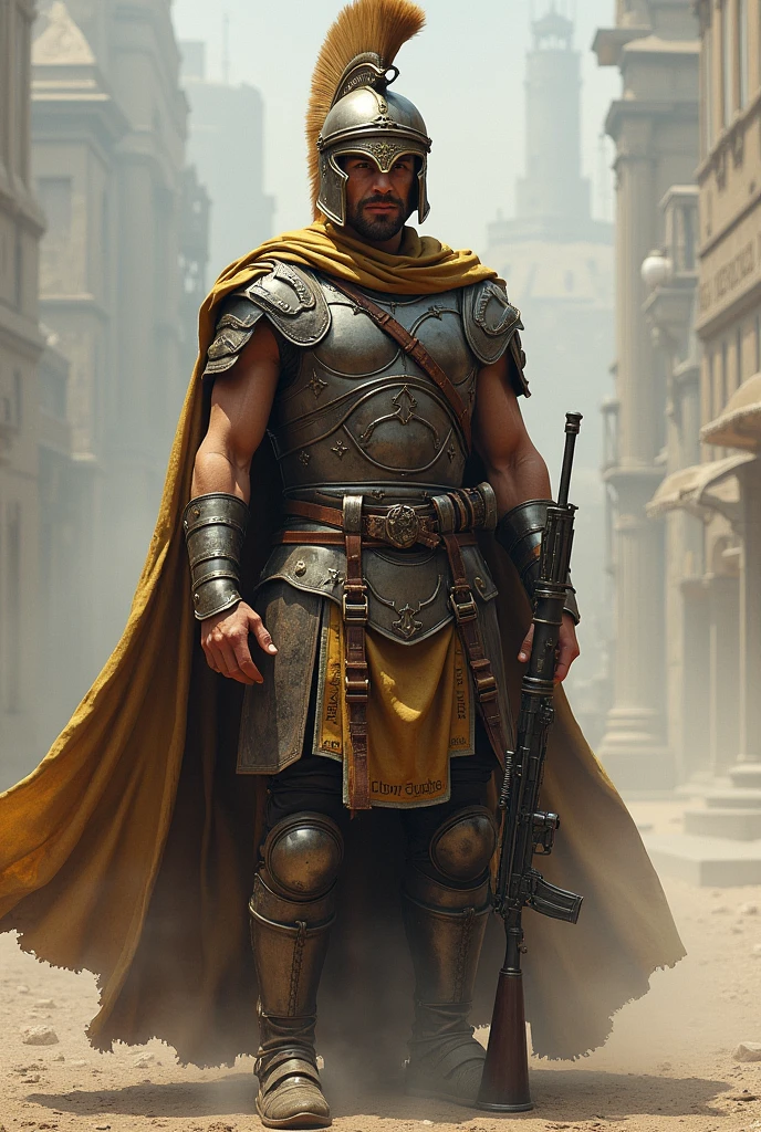 image of a Roman soldier in the 21st century mix the armor of the Roman soldier with a camouflage helmet with a beige crest camouflage vest characteristic uniform of the 21st century military boot camouflage greaves in the Roman style with camouflage cloak with a rifle