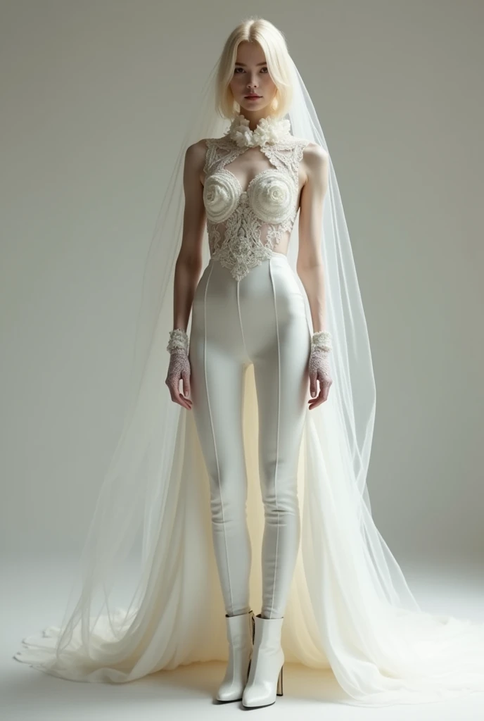 A drawing of an androgynous man with blond hair, French style wedding dress. Wear a unique outfit that fuses the elegance of a dress with the modernity of tight pants.. The trousers are complemented by an impressive dress train that starts from the waist., with a lot of flight and crinoline, creating a majestic effect. The back of the suit is uncovered, enhancing the silhouette, while the top features a high lace collar, sleeveless, decorated with delicate ruffles and glassware details that add a touch of luxury. The outfit is completed with a bridal veil of more than five meters., mid-arm lace gloves, and long white boots that add a bold and elegant contrast..