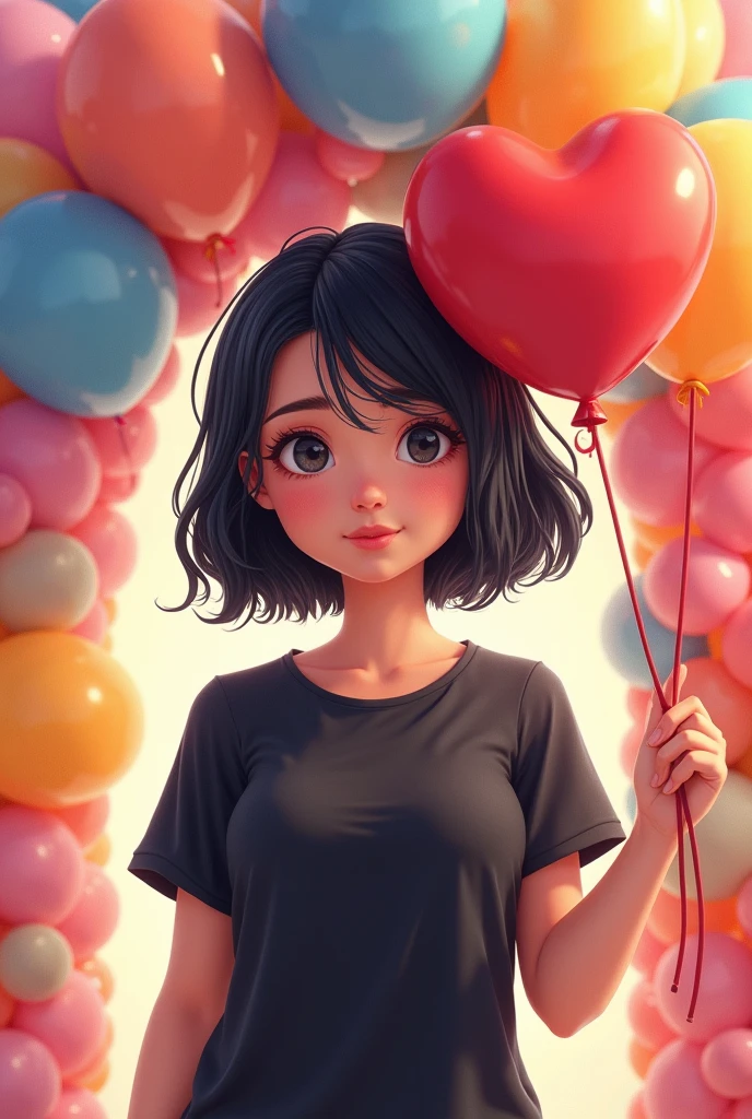 I want an advertising design of an adult woman with black hair, showing only the torso of his body, with black t-shirt, in the form of a semi-realistic cartoon with a heart-shaped balloon in her right hand and next to it a large arch of balloons surrounding her. With some letters below that say "Pini decorations"