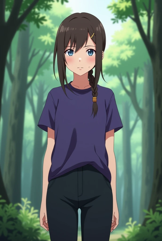 capture d'écran, Style d'anime Naruto, une fille femme de 12ANS , peau teint clair légèrement pâle, Taille moyenne, Poitrine moyenne yeux bleus, cheveux BRAIN, Long, QUEUE DE CHEVAL,SANS REPOUSSES,REGULIER, barrette en bois pour cheveux, vêtements de ninja SANADA, pantalon court Noir foncé et T-shirt VIOLET BLEUATRE, avec un bandeau de ninja, dans une foret Info