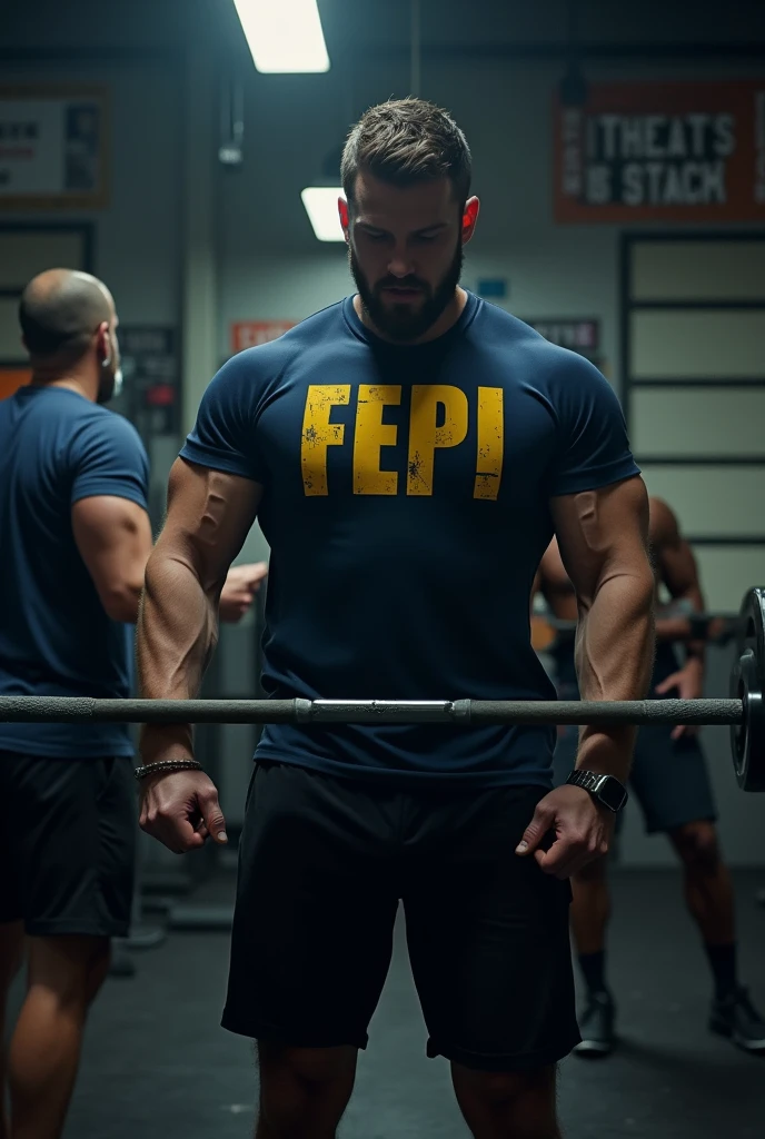 Make me a blind individual, training bodybuilding alongside his personal trainer. Put on a navy blue t-shirt, written FEPI in yellow. 