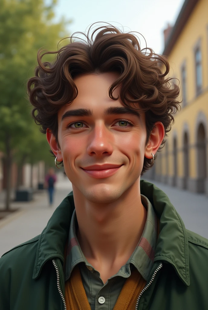 realistic 19 year old man. university in the background, he is slightly smiling, he has brown curly hair and green eyes, he has italian nose and in casual outfit that looks like slightly retro. He is european
