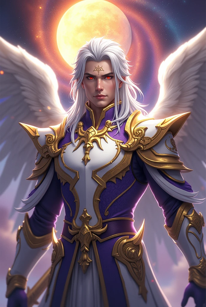 Handsome young xianxia protagonist,guy,man,long silver with golden strand hair, Crimson red and golden eyes combination ,and long silver with golden undertone,and the golden rune motiv scratched on his forehead,use armour featuring like God of angel,angel king, with white and golden dominant color,pauldron protective shape like dragon head,breastplate featuring like azure dragon head,breastplate detailed azure dragon head shape,shoulder protective dragon shape like head red and blue,sun and moon and nebulae circling at the background,nebula destruction detail,the tassel of the armour like river of galaxy, combination of white and golden dominant color,purple dominant color, golden dominant color armour,with majestic purple line ,held sword of Raphael angel, And majestic gold wings at back,arch angle wings at back,terrifying aura around,24K ultra hd,face and eyes detail,lips and face detail,masterpiece ,better quality