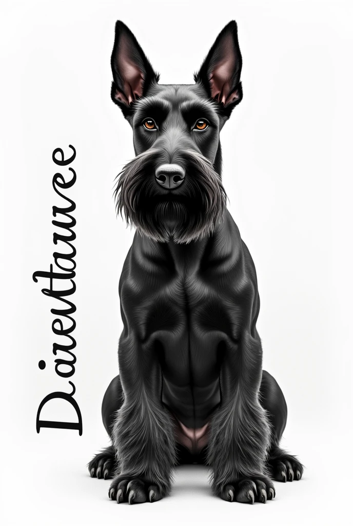 "Generate an eye-catching logo for a Miniature Schnauzer breeder breeder Black Variety , miniature size, that he has a lot of beard that the design of his ears is elegant . The dog must be elegant, black color , strong head and CROPPED ears. The name of the kennel is D' Quadrat Des Teufels which means devil's box and should be written prominently in an elegant font.. If the drawing can be done in pencil, all the better.