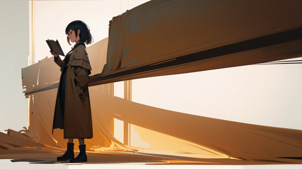 A beautiful girl is standing on the right side of the picture (not big size) reads a book , warm toned drawing, let her stand closer and look towards the drawing