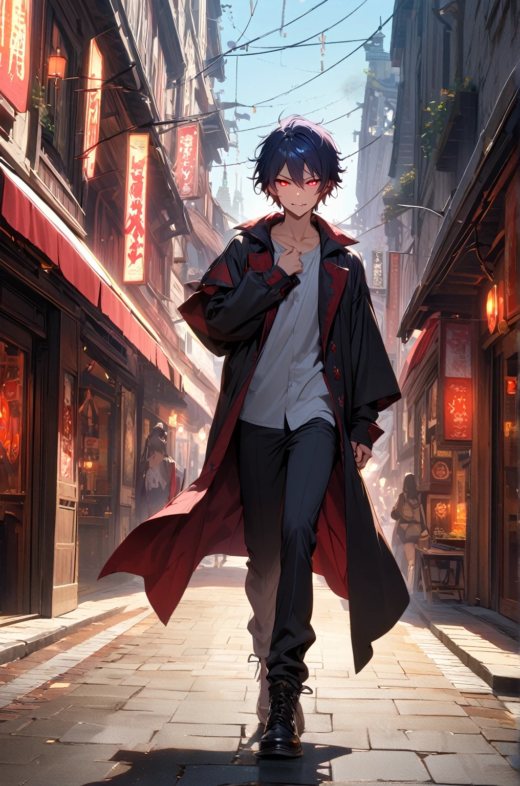 {{top-quality,​masterpiece,8k wallpaper}},Ultra-detailed CG Unity,Particle,Cinematographic lighting,((1 teenager)),a handsome,a 20-year-old boy,slender,Looking at the camera,Looming,evil smile,Vicious face,close up of face,sharp gaze,((Glowing eyes,red eyes,pupils are small)),Dark blue hair,short-haired,hair messy,put your hair up,Vampire,double tooth,shopping male,full body,walking,