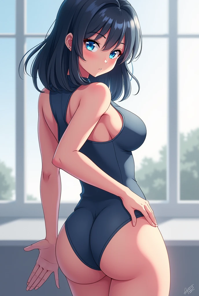 An anime woman with a big ass and blue eyes