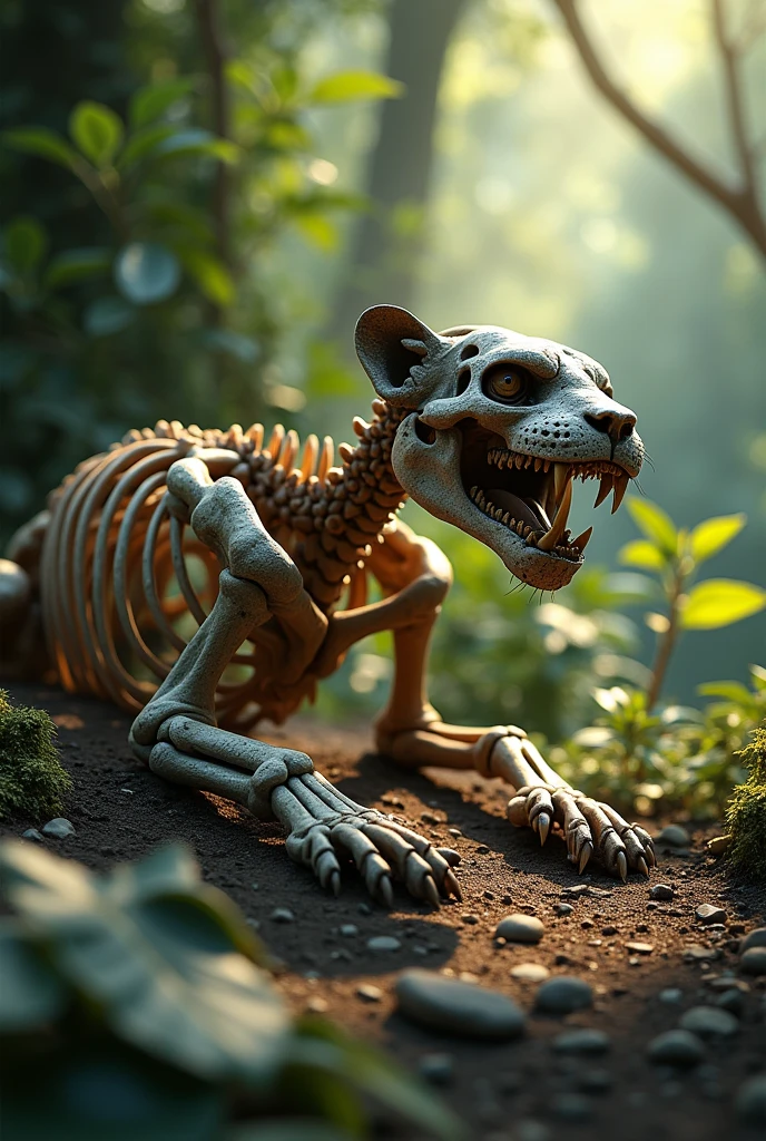 The skeleton of a jaguar lying down