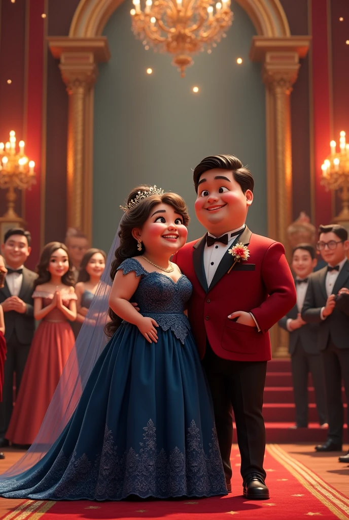 A chubby girl wearing a dark blue weeding gown in a royal place standing on stage with her husband wearing red suit and everyone is complimenting them 
