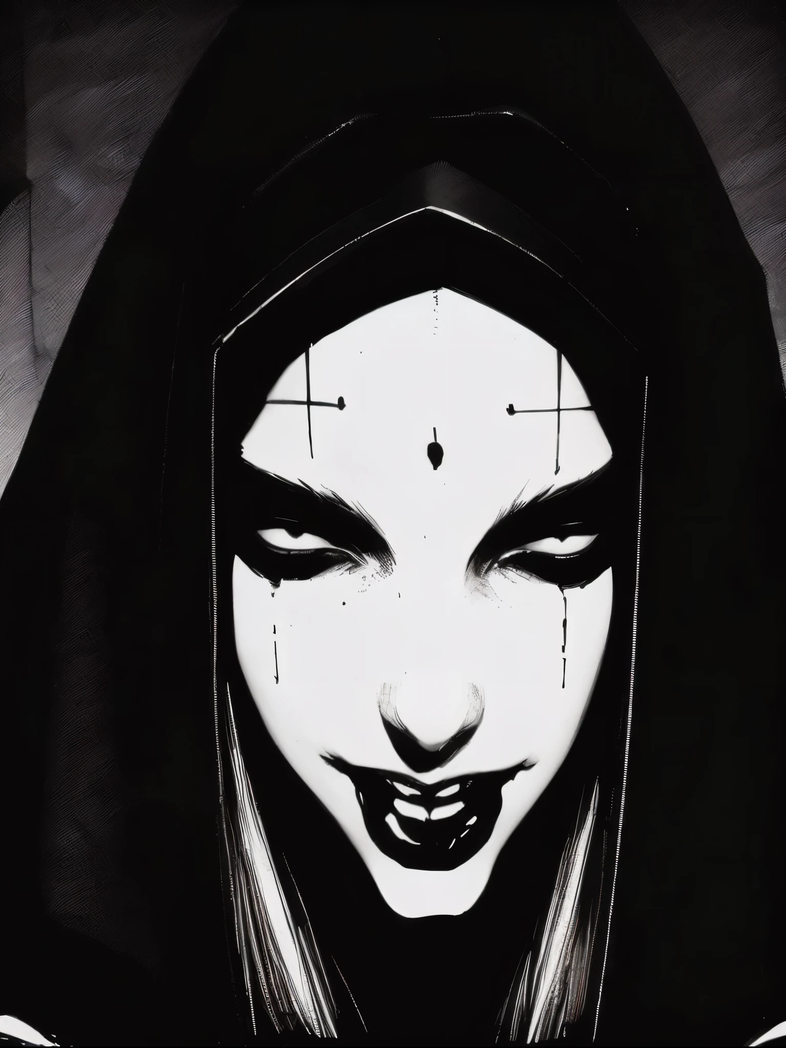 Close-up portrait of a young woman with a rebellious and defiant expression. His face is in the foreground, softly and dimly lit, highlighting her light skin. He wears a black hood that covers most of his head., leaving only his mouth and tongue visible. About the hood, A white cross stands out at the top, contrasting with the dark fabric. the woman has her mouth open, showing a wide, provocative smile while sticking her tongue out, creating a bold and defiant effect. The light is subtle, with soft shadows that add a dramatic touch to the face and hood. The style is hyperrealistic, capturing the details of the fabric texture, Shiny teeth and wet tongue,The hood covers his eyes and nose,only the mouth visible