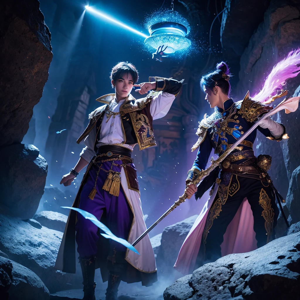 a fantasy scene with two characters, one is a purple and white Odoo character, the other is a blue and white Nuova Service character, standing side by side, detailed character design, 1girl,1boy,fantasy,illustration,vibrant colors,dramatic lighting,intricate details,dynamic pose,cinematic composition,digital painting