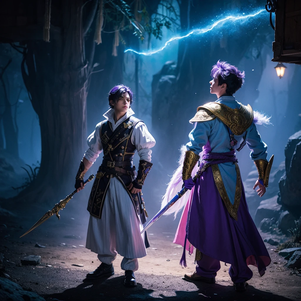 a fantasy scene with two characters, one is a purple and white Odoo character, the other is a blue and white Nuova Service character, standing side by side, detailed character design, 1girl,1boy,fantasy,illustration,vibrant colors,dramatic lighting,intricate details,dynamic pose,cinematic composition,digital painting