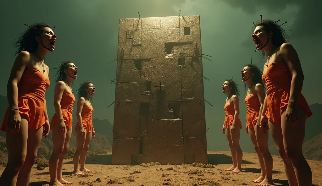 (Very old photograph only in sepia color), ((in full shot), (low-angle ground view,) a ((Victorian era, Giant Cube cult, Big LeMarchand Cube Puzzle as the central figure from the movie Hellraiser, surrounded by cenobitic female characters, black lipstick, scream and anger)), (black eyeball), symmetrical cut on the face, (dozens of nails in the head, frightened, horrified, terrified, insane, disgusting, disturbing, disturbing, Impactful, vintage, old film, (painting and surreal landscape (inspired by Zdzislaw Beksinski and Wayne Barlowe), director Fritz Lang credits, science fiction, dynamic composition, gritty textures, shadows and highlights, bright costumes, excitement and adrenaline, cosmic horror influences , sinister composition, macabre atmosphere, high contrast, deep shadows, mysterious atmosphere, vintage film grain effect, horror elements, retro film noir aesthetic, monochromatic color scheme, elements of suspense and mystery, of the mind Creative by Fritz Lang, eye-catching visuals, innovative visual effects, gripping plot, thrilling horror with a twist. photorealistic, cinematic film, Ultra detailed, RAW photo, cinematic, artstation style, concept art, masterpiece, 8k, black and white, realistic textures, 3D rendering