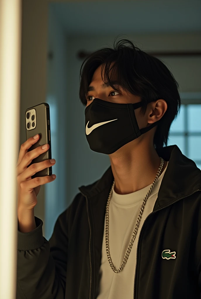 Create a photo of a young Brazilian man taking a photo with an iPhone in front of the mirror wearing a Lacoste outfit and a Nike mask covering his face with straight black hair 