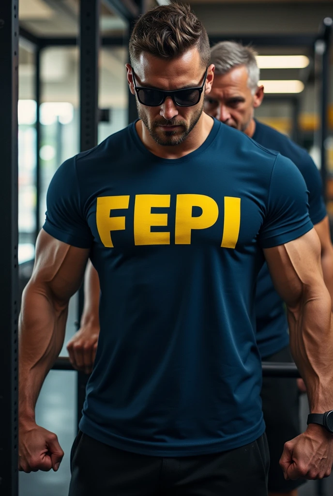 Make me a blind individual, wearing sunglasses, training bodybuilding alongside his personal trainer. Put on a navy blue t-shirt, written FEPI in yellow. 