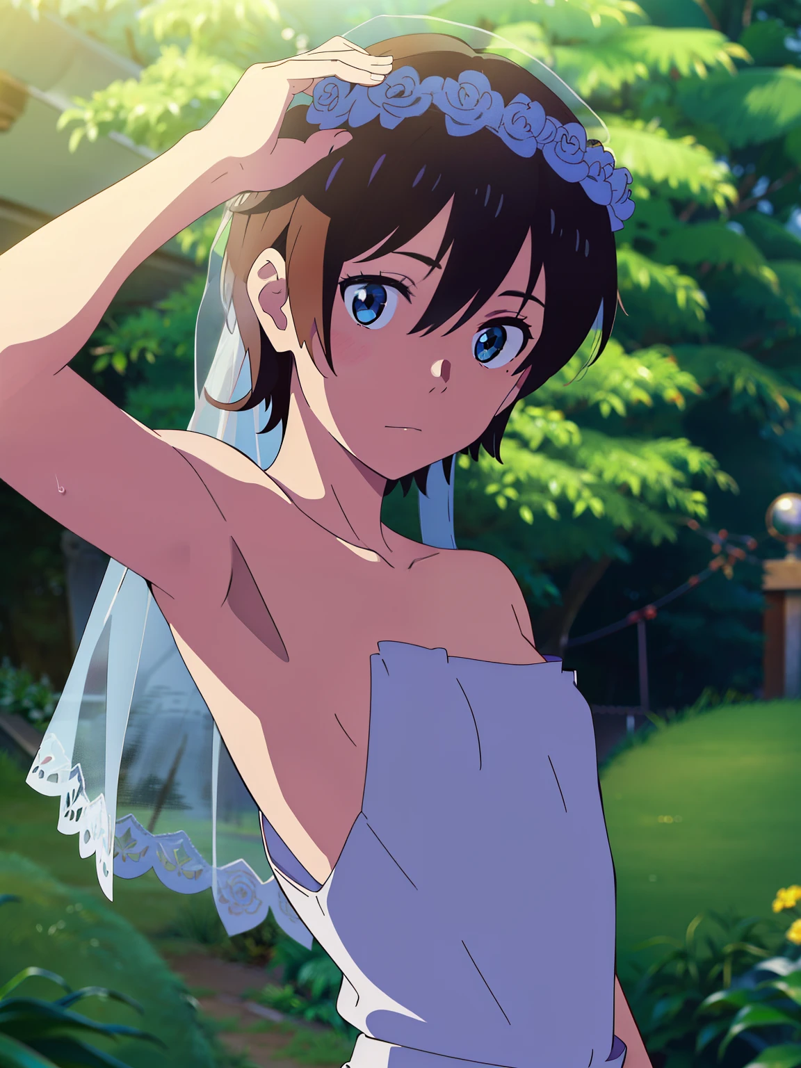 Highres, Masterpiece, Best quality at best,Best Quality,hight quality, hight detailed, Anime style, 1boy, Shota, young boy, shinkai makoto, Kimi no na wa, Taki, hair between eyes, Messy brown hair, blue eye, slim body, look at viewer,Style of wedd00ing, Strapless dress, Bare shoulder, Transparent veil covering head, Flowers on head, Flat chest, upper body, (Showing armpit:1.3), (very young boy), (very small and short body), simple beckground, cute boy, Uhd, Bokeh, sweat