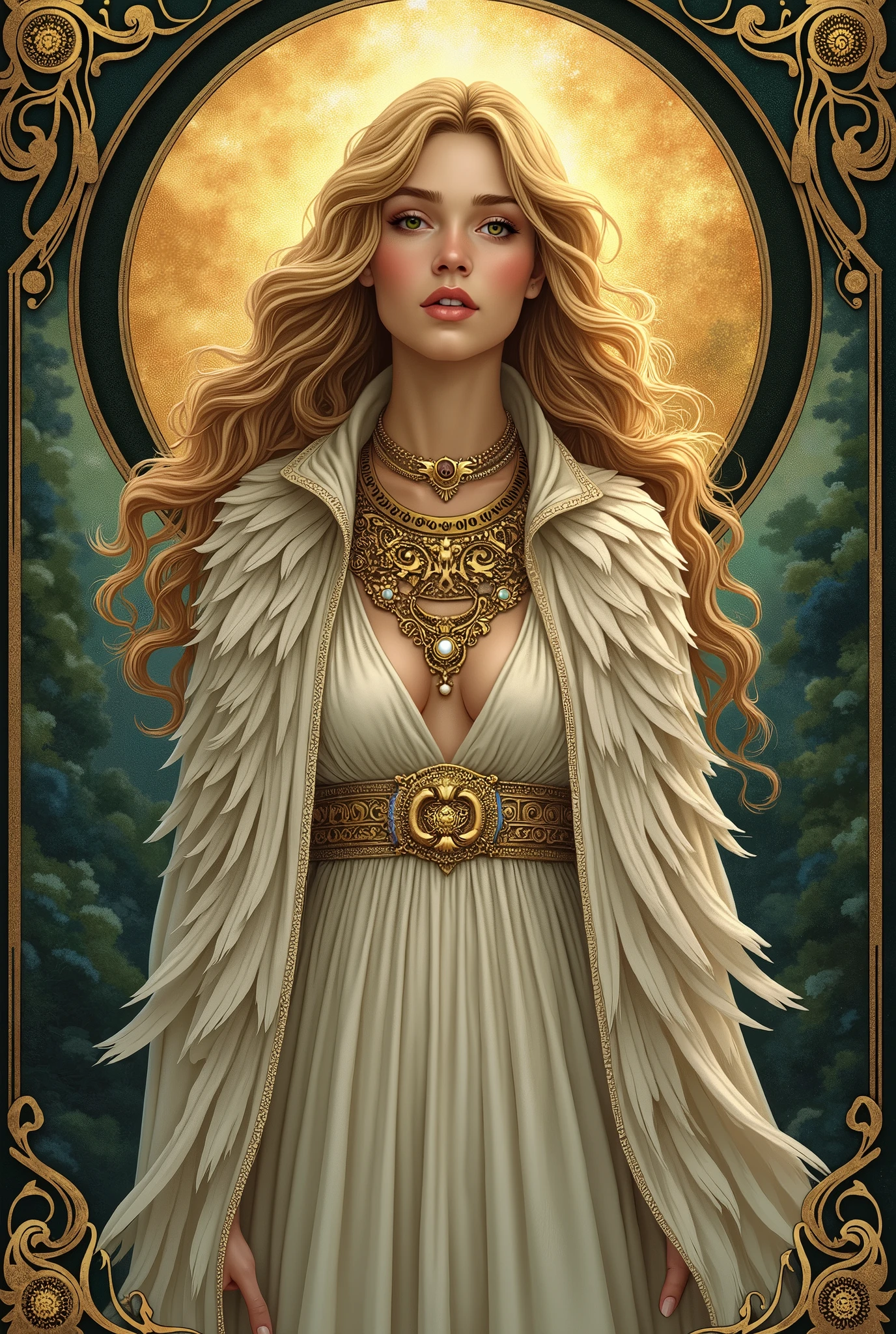 Illustration of the Norse goddess Freyja in her cloak of falcon feathers, wearing an elaborate Viking necklace of gold and jewels. Art Nouveau style.