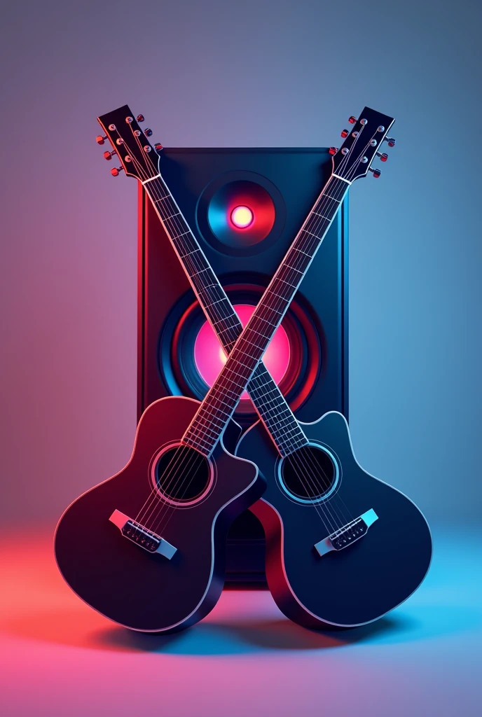 A logo for a Podcast channel on YouTube depicting a stereo speaker with RGB lights in the center crossed by two acoustic guitars