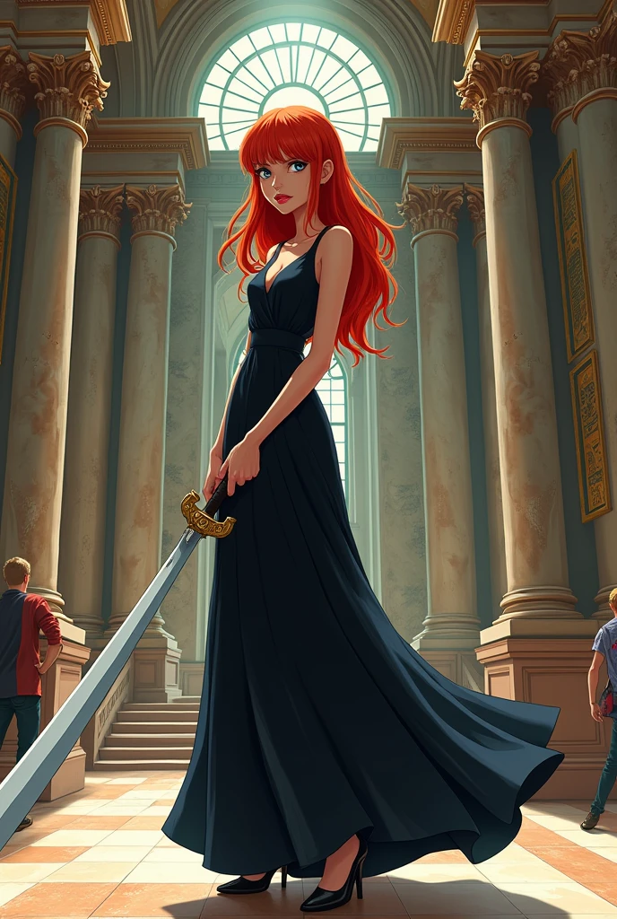 comic toons, 1 girl, thin, tall, light foot, long hair, waist-length hair, hair without bangs, red hair, blue eyes, lined eyelids, piercing in the right ear, black dress, long dress, elegant dress, dress with v-neckline, full body, holding a sword with two hands, broad sword, long sword, sword pointing at the camera, history museum interior
