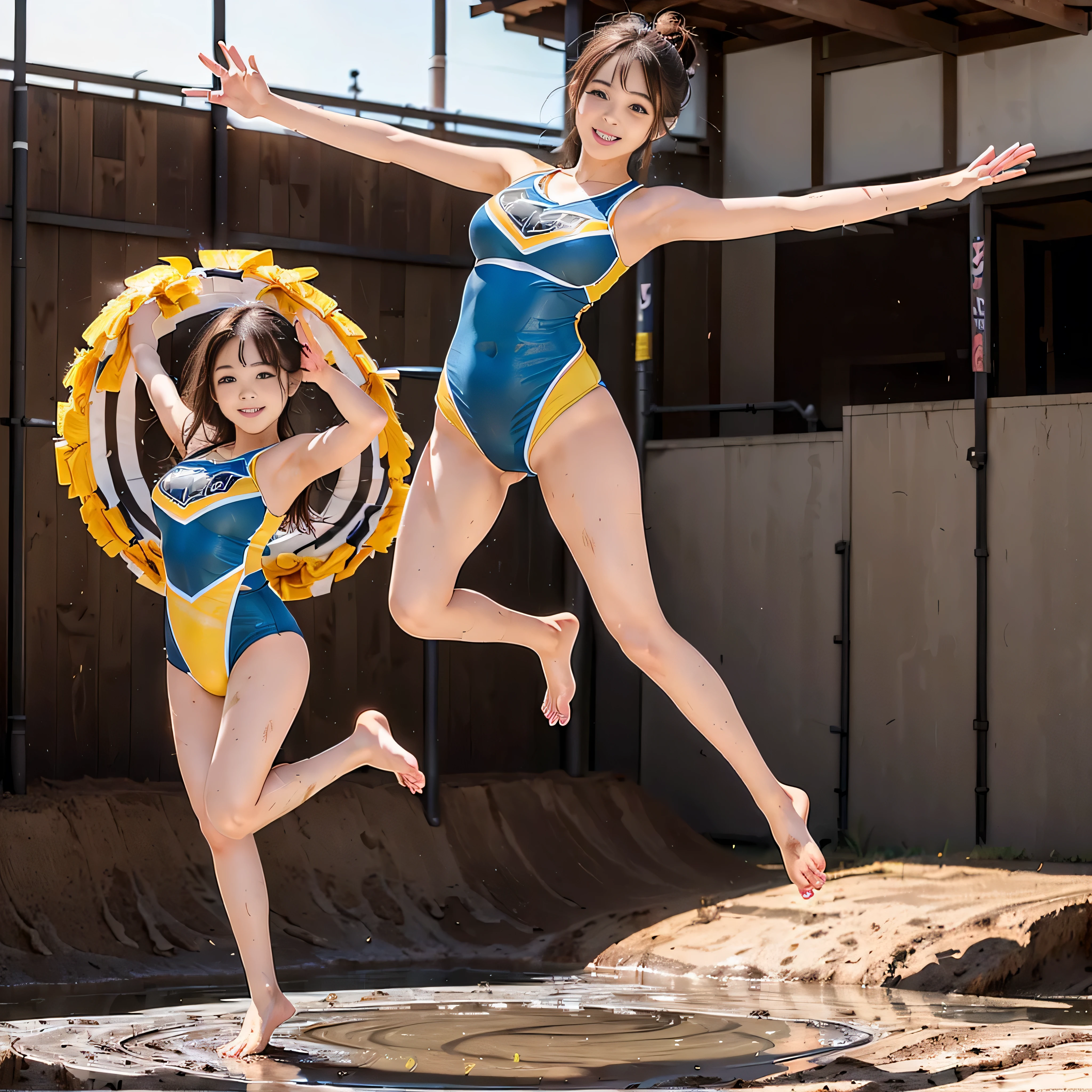 (((barefoot slender Japanese girl on mud pond))), natural front lighting, ultra sharp focus,bright brown hair, large eyes with long eyelashes and double eyelids, smile, (((jumping and waving arms))), ((????????????)), (full body shot:2), (beautiful face:2),(((wearing cheer-leading swimwear )))
