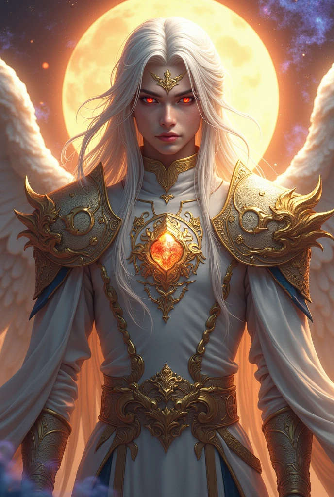 Handsome cold young xianxia protagonist,guy,man,long silver with golden strand hair, Crimson red and golden eyes combination ,and long silver with golden undertone,and the golden rune motiv scratched on his forehead,use armour featuring like God of angel,angel king, with white and golden dominant color,pauldron protective shape like dragon head,breastplate featuring like azure dragon head,breastplate detailed azure dragon head shape,shoulder protective dragon shape like head red and blue,sun and moon and nebulae circling at the background,nebula destruction detail,the tassel of the armour like river of galaxy, combination of white and golden dominant color,purple dominant color, golden dominant color armour,with majestic purple line ,held sword of Raphael angel, And majestic gold wings at back,arch angle wings at back,terrifying aura around,24K ultra hd,face and eyes detail,lips and face detail,masterpiece ,better quality