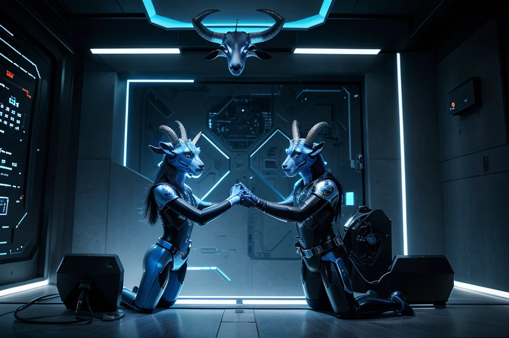 "Create a highly detailed 3D illustration of a blue goat's head designed as an NFT, with a futuristic and high-tech theme. The goat head should be blue in color and represent a powerful, authoritative figure, like a CEO. The design should incorporate elements of RAM (computer memory), making the horns and other features of the goat head look like intricate, glowing circuits and chips. Include a scene where two blue goats, one depicted as a general and the other as a leader, are shaking hands as if they've just reached a business agreement or partnership. The overall style should be sleek, modern, and slightly abstract, with a blend of organic and mechanical textures."