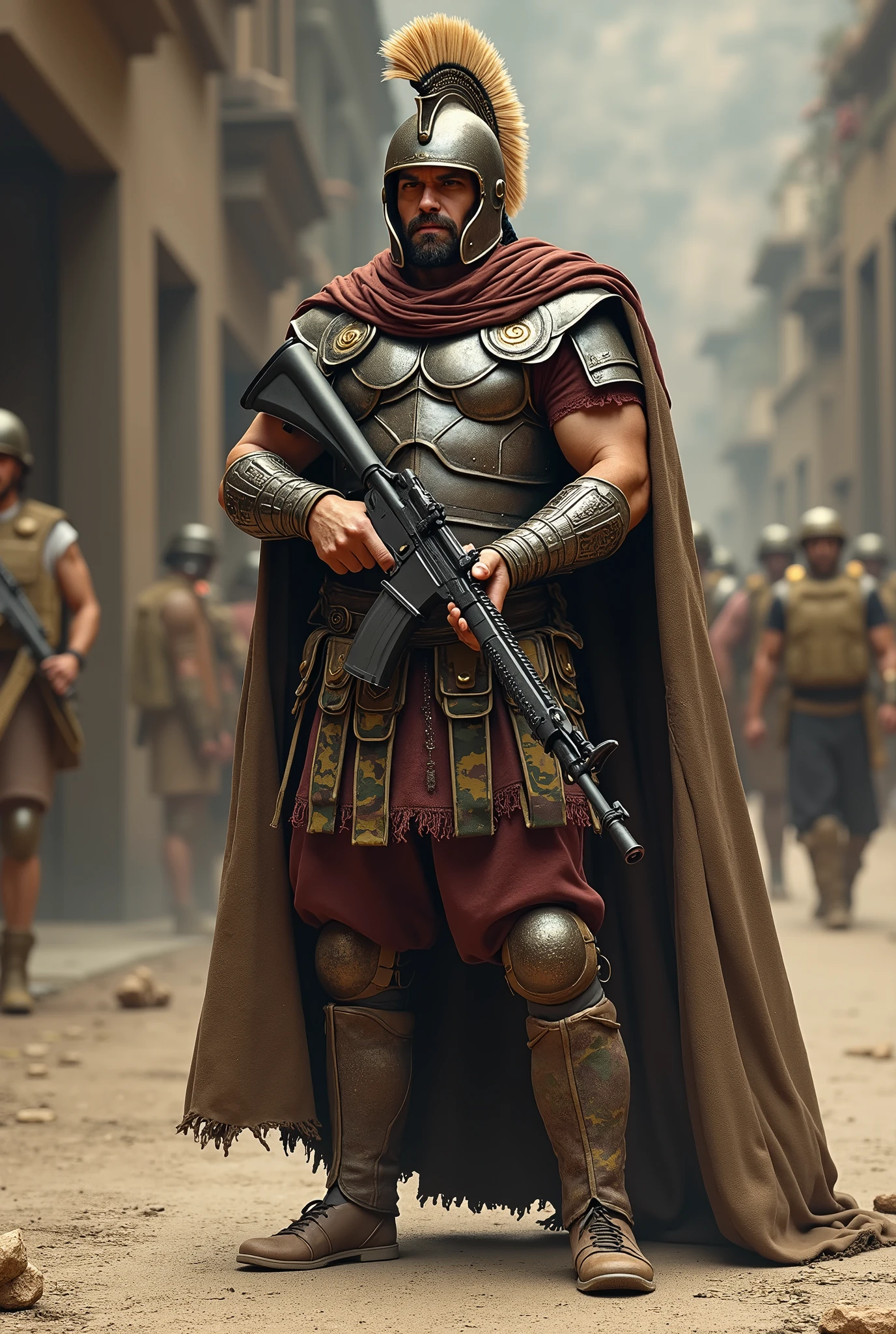 image of a Roman soldier in the 21st century mix the armor of the Roman soldier with a camouflage helmet with a beige crest camouflage vest characteristic uniform of the 21st century military boot camouflage greaves in the Roman style with camouflage cloak with a rifle