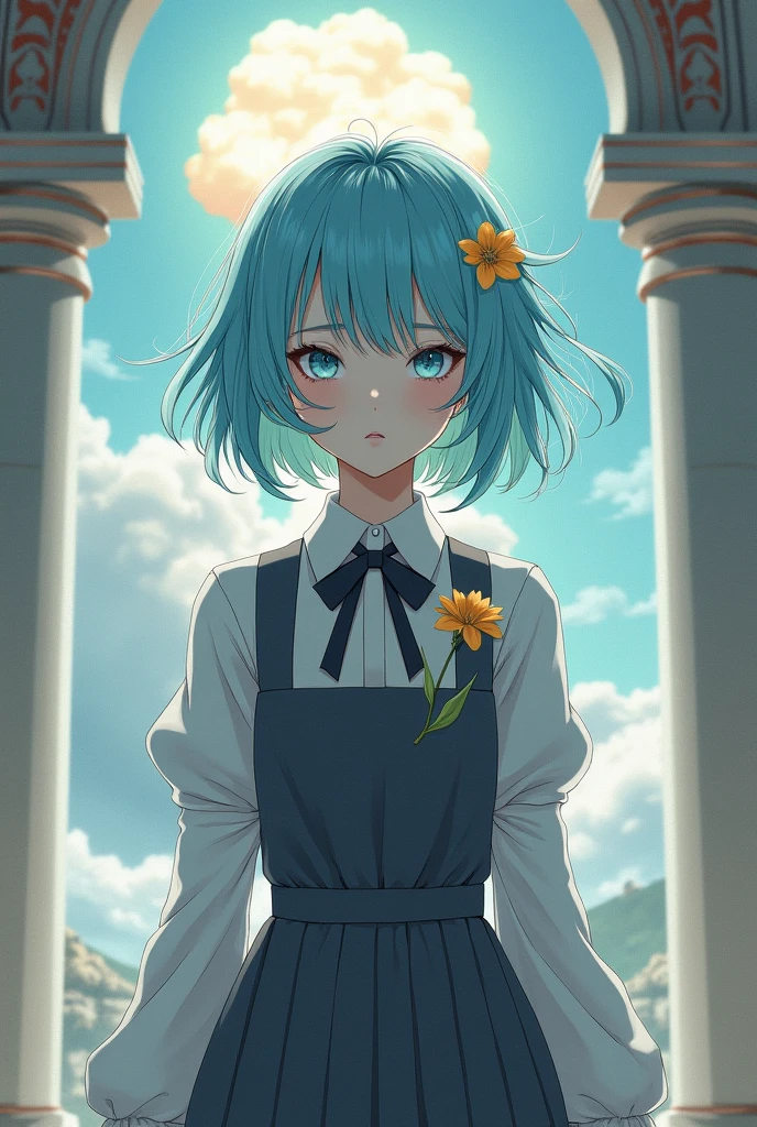 masterpiece,best quality, illustration,{Beautiful and delicate girl},Beautiful and delicate light,(War:1.2),(Behind the nuclear explosion:1.3),rain,Detailed lighting,detailedwater,(Beautiful and delicate eyes:1.1),Poker face,palace,Sky blue hair,Messy hair,Long bangs,Hair between the eyes,(whitegreydress:1.1),Black Ribbon,White bow tie,diaphragm,Big forehead,Two eyes straight,flower,Long sleeve