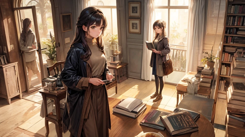 A beautiful girl is standing on the right side of the picture (not big size) reads a book , warm toned drawing, let her stand closer and look towards the drawing