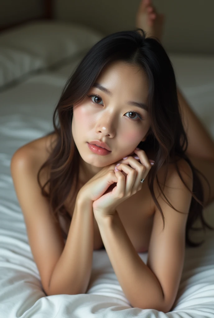 Realな写真、25 year old Japanese woman、、Lying on the bed with legs spread、Detailed face and body、Natural lighting、High resolution、Photorealistic、(Highest quality、8k、High resolution、masterpiece:1.2)、S detailed、(Real、Photorealistic、Photorealistic:1.37)、Realな肌の質感、Detailed eyes and lips、Beautifully detailed face、Long eyelashes、Smooth Skin、Natural body shape、long hair、