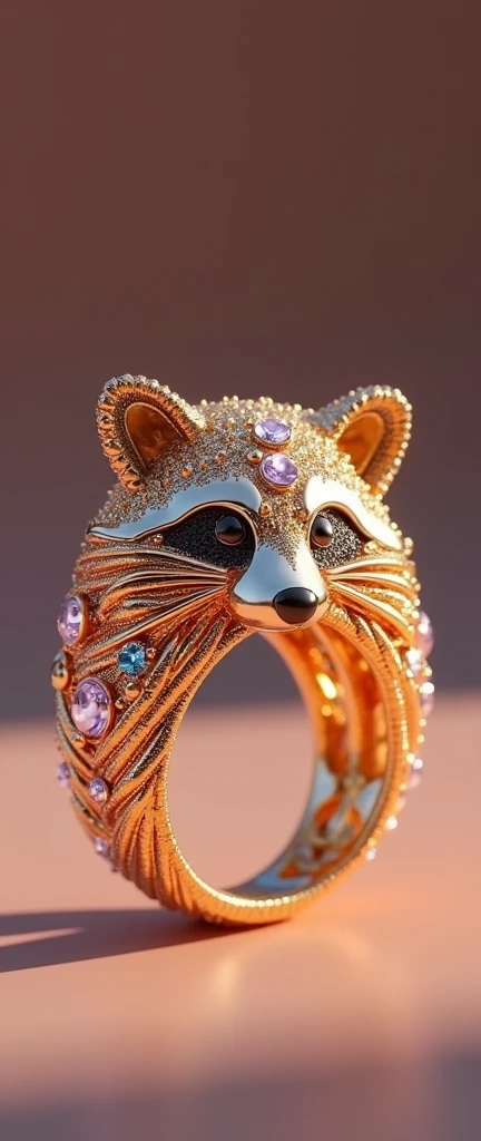 A stunning photorealistic portrayal of a fantastical racoon animal-shaped ring, intricately designed with ultra-thin, symmetrical interlacing of gold threads. The ring features a unique Baby Raccon motif, adorned with the most expensive and sparkling gems, creating a mesmerizing display of light and color. The minimalistic yet stylish design is accentuated by high-frequency, super-complex parts. The background of the composition is a pleasing, tasteful hue that complements the ring. This masterpiece, created with love and craftsmanship, is valued at a staggering $10 million., 3d render