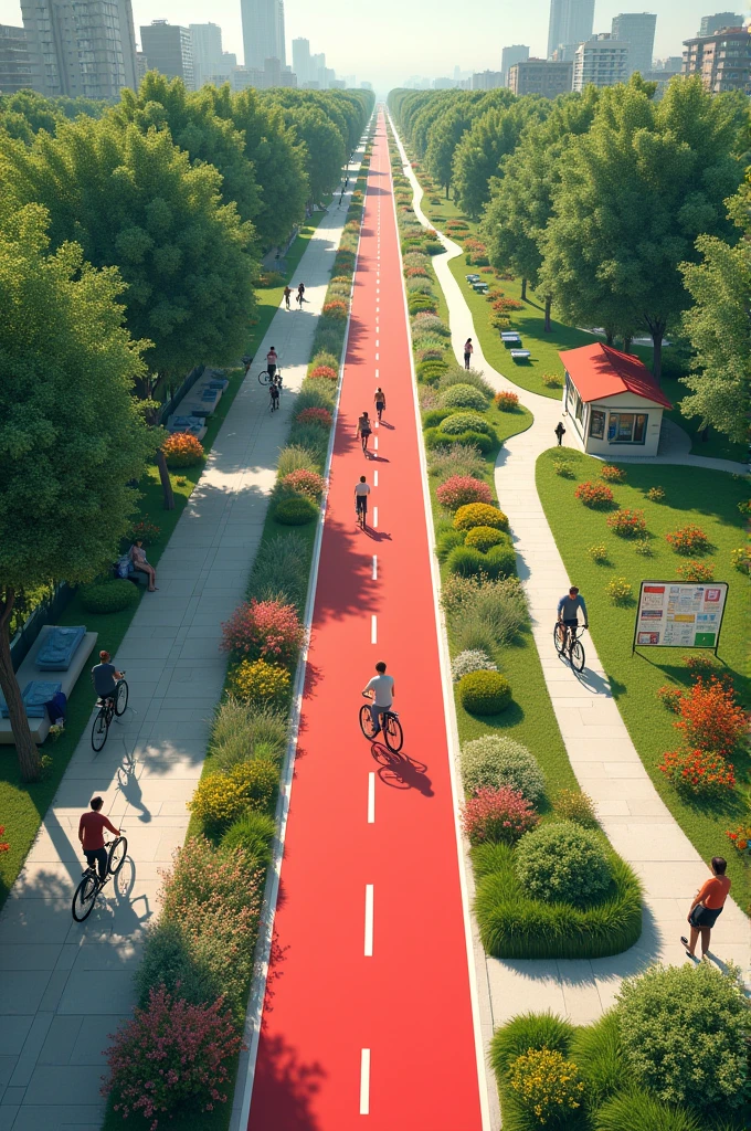 Resilient city with a red bicycle street as an avenue with many trees. On the right between the bicycle road and the meandering path with information boards there is a continuous raingarden, meadow, a barbecue area, Bushes, benches, a kiosk, barrier-free toilet, Floral,  drinking water dispenser, a roundabout with water. To the left of the bicycle path there is a sidewalk. 