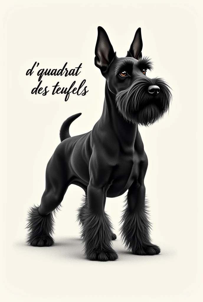 "Generate an eye-catching logo for a Miniature Schnauzer breeder breeder Black Variety , miniature size, that he has a lot of beard that the design of his ears is elegant . The dog must be elegant, black color , strong head and CROPPED ears. The name of the kennel is D&#39; Quadrat Des Teufels which means devil&#39;s box and should be written prominently in an elegant font.. If the drawing can be done in pencil, all the better. 