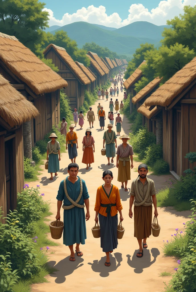 Create an image of adults men and Women walking in the Village.