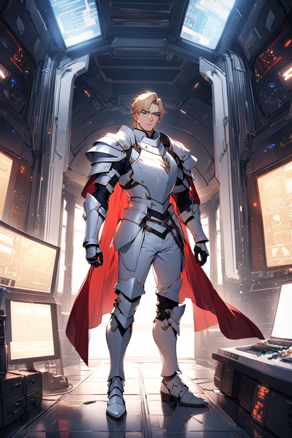 mature man, short blonde hair,  piercing blue eyes, knight-general style clothing, wearing massive white chest armor, wearing white armor shoulders with spikes, wearing white armor gauntels, wearing white armor pants, wearing white armor boots, long red cape behind his back, full body,handsome man,control room,