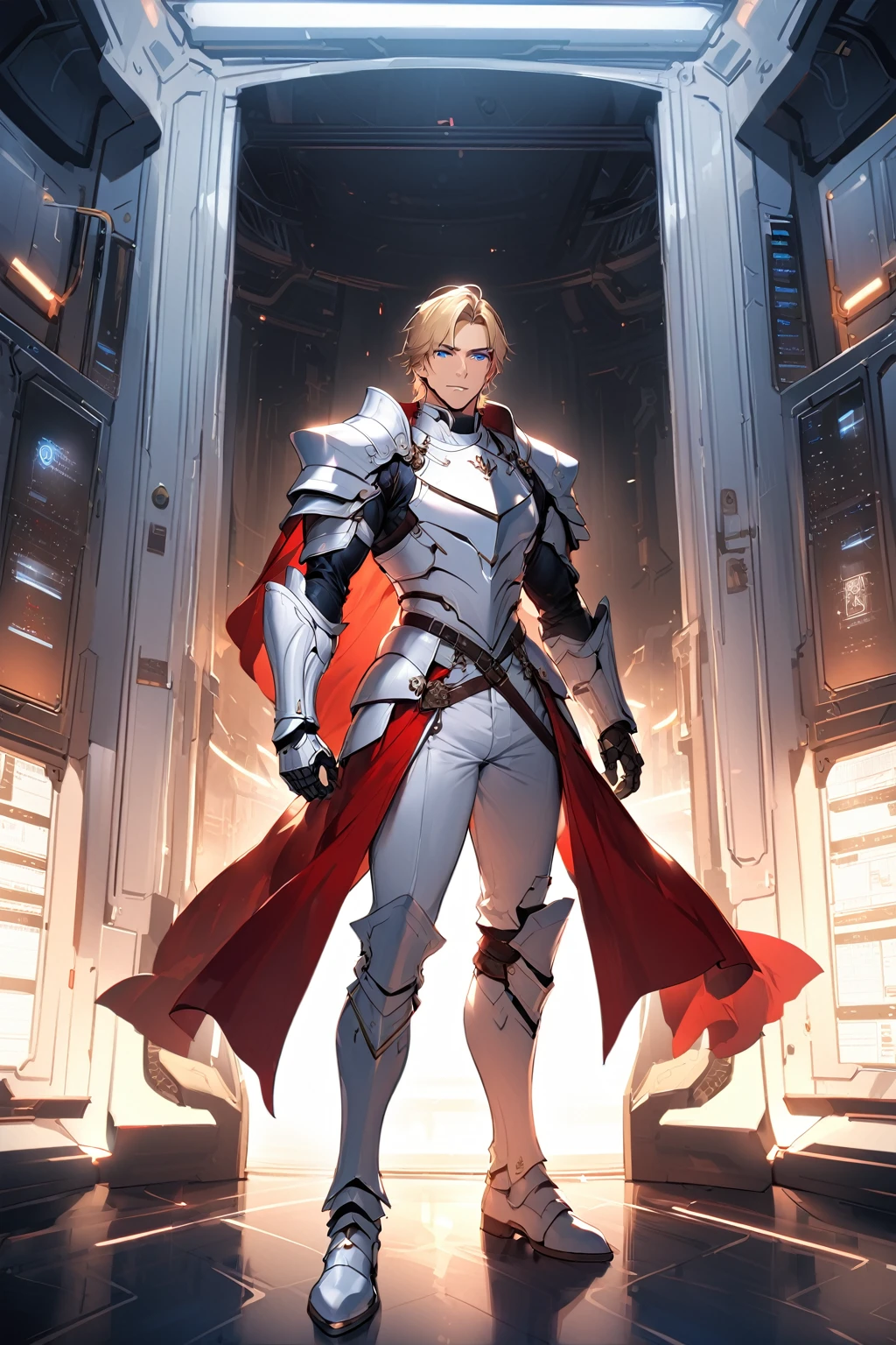 mature man, short blonde hair, piercing blue eyes, knight-general style clothing, wearing massive white chest armor, wearing white armor shoulders with spikes, wearing white armor gauntels, wearing white armor pants, wearing white armor boots, long red cape behind his back, full body,handsome man,control room,