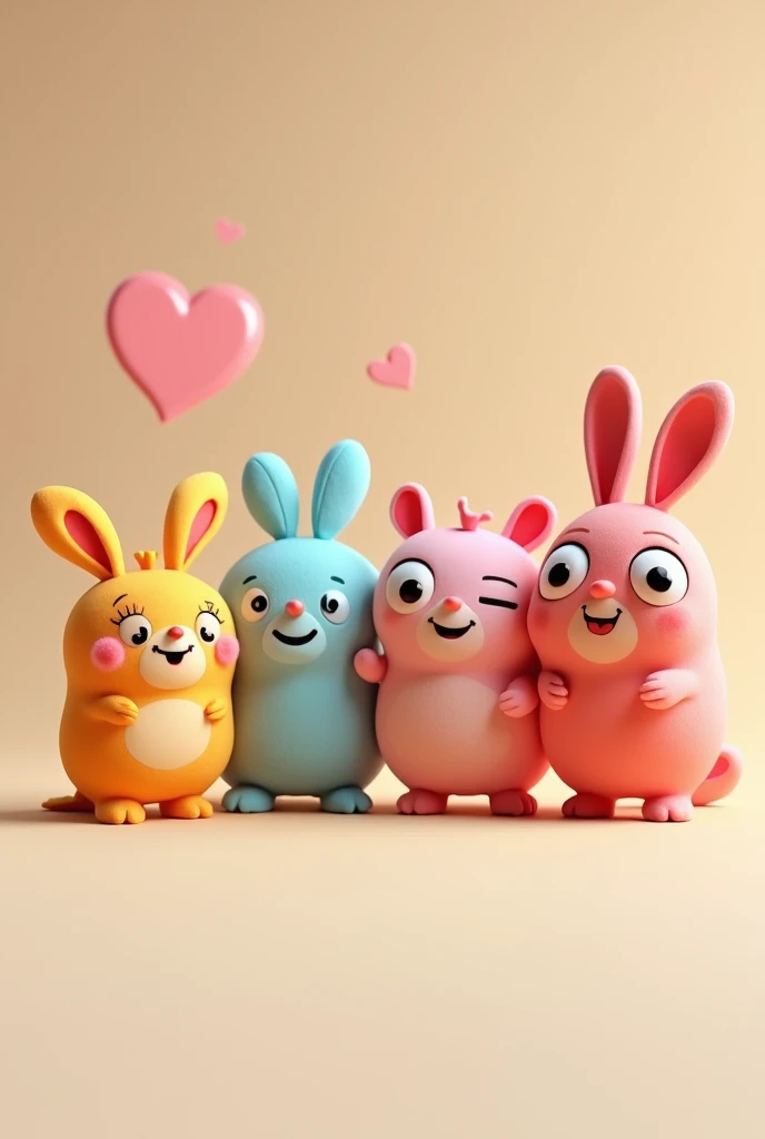 You are the best designer. Generate four different funny 3D character designs, tender. To give to a loved one