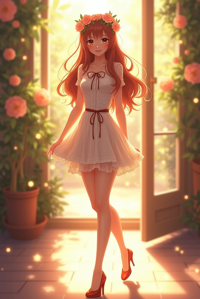 Ultra high quality,High heel,Short skirt,Smile,Sunlight,Lace dress,Wear flowers on your head,School Belle,charming,Ribbon