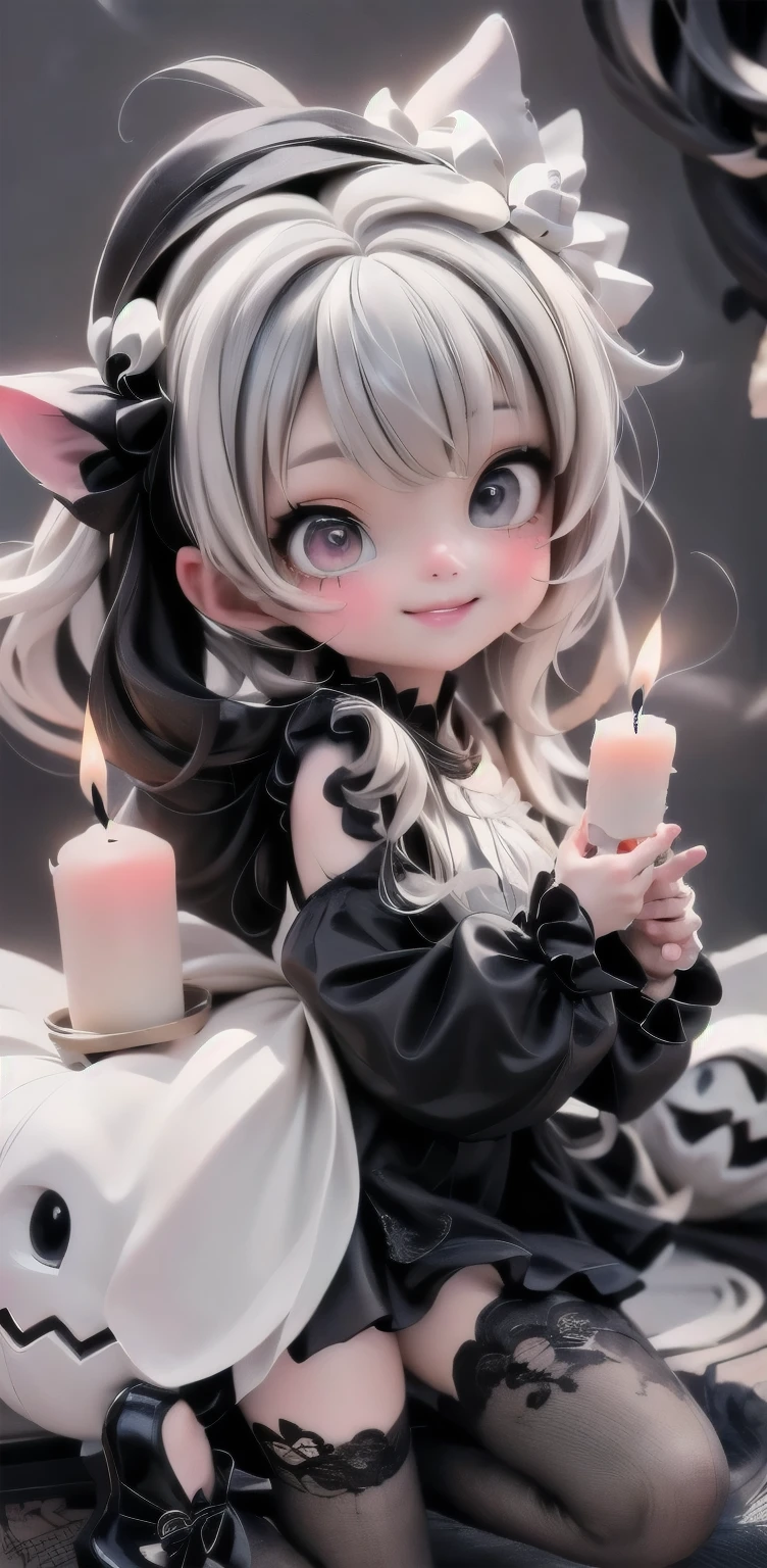 cute girl smiling, pumps, halloween costume, candles, at night