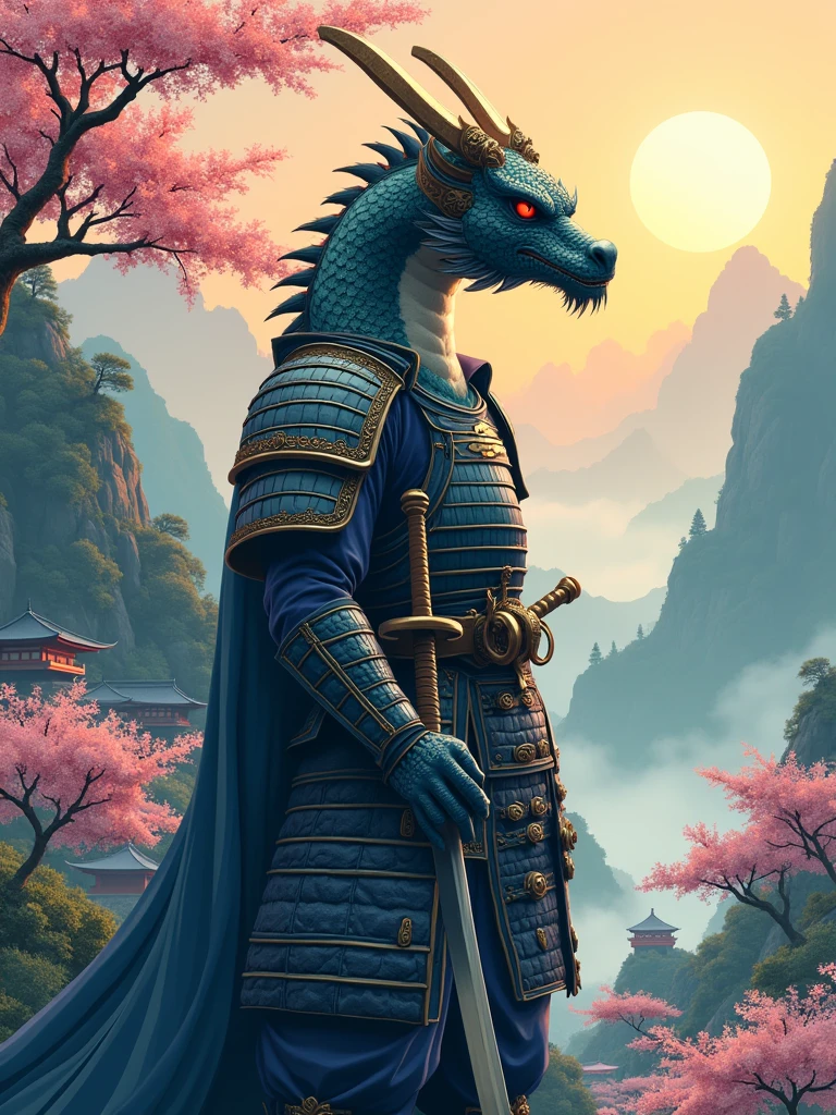 “Vector t-shirt design featuring a humanoid ((dragon samurai)), inspired by the art style of Studio Ghibli, set in a medieval Japan environment. The dragon samurai should be depicted in traditional samurai armor, with intricate details and elegant design, blending both the fearsome and noble qualities of a warrior. The setting should include elements of a serene yet mystical Japanese landscape, such as cherry blossom trees, traditional temples, and mist-covered mountains. The color palette should be soft yet vibrant, using shades that evoke the rich and atmospheric style of Ghibli films. The overall design should capture the essence of honor, tradition, and mysticism, creating a visually captivating and deeply atmospheric t-shirt design.” ((More detail, enhanced, poakl_dragon))