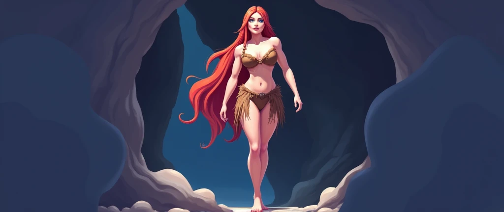 A cavewoman wearing animal skin has long red hair blue eyes and she is 3 m tall she is quite muscular and she has Big boobs and a huge ass and big thighs and a huge hip 