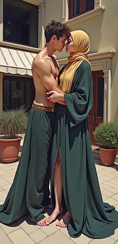 The girl is wearing a burqa and the boy is without clothes and is fucking the girl.